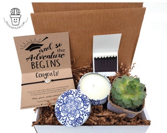 Let the Adventure Begin, Graduation Gift Box Graduation Care Package Succulent Gift Box for Graduate Soy Candle Oil Gift Box Heart Bracelet