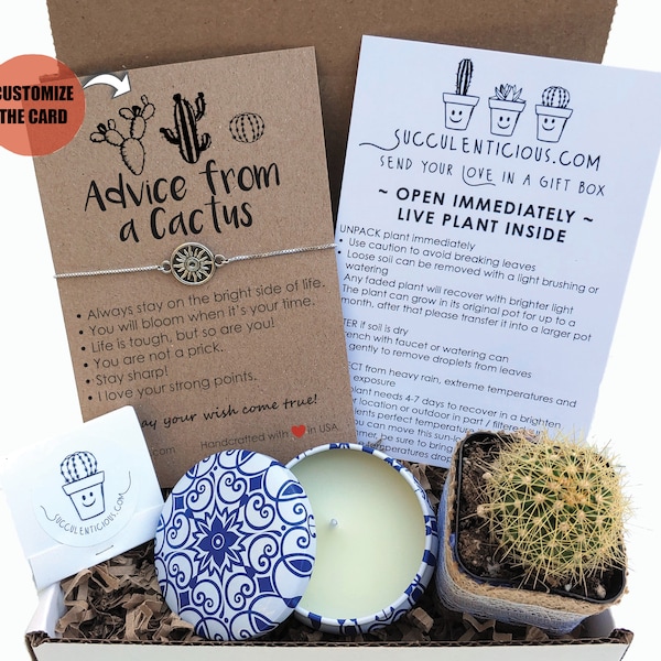 Best Friend Gifts, Cactus Advice, Succulent Gift Box, Care Package Cactus Gift Long Distance Gift for Friend, Candle Gift Sun Bracelet Chain