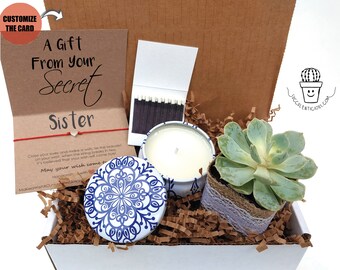 Soul Sister Gift, Secret Sister Care Package, Succulent Gift Box, Natural Succulents, Soy Candle or Lavender Oil Gift Set Heart Bracelet