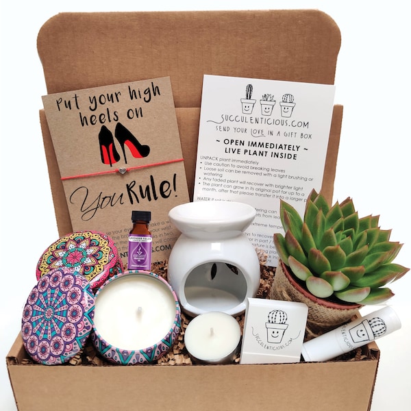 Women Rule, Essential Oil Diffuser Care Package, Relaxation Box for Women, Succulent Gift Box Natural Succulents Soy Candle Heart Bracelet