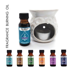 Peut inclure: Un br&ucirc;leur &agrave; huile en c&eacute;ramique blanche avec une ouverture ronde pour une bougie chauffe-plat et une petite bouteille d'huile essentielle &eacute;tiquet&eacute;e "Sea Breeze Brisa Marina" avec la marque "aromar".