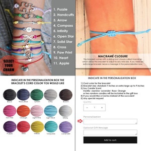 Peut inclure: Un bracelet personnalisable avec une vari&eacute;t&eacute; d'options de breloques, notamment un puzzle, des menottes, une fl&egrave;che, une boussole, un symbole d'infini, une &eacute;toile ouverte, une &eacute;toile pleine, une croix, une empreinte de patte, un c&oelig;ur et une pomme. Le bracelet est dot&eacute; d'une fermeture &agrave; n&oelig;ud coulissant appel&eacute;e macram&eacute;, qui permet de l'ajuster &agrave; toutes les tailles de poignet. L'image montre &eacute;galement un nuancier pour le cordon du bracelet, avec des options comme le noir, le bleu marine, le vert, le gris, le marron, le rose vif, l'orange, le rose clair, le bleu clair, le blanc, le violet, le rouge, le jaune, le turquoise et le lavande. L'image comprend &eacute;galement une section de personnalisation, o&ugrave; vous pouvez choisir la couleur du cordon, la taille du bracelet, le parfum de la bougie et ajouter une demande sp&eacute;ciale.