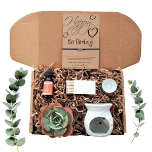 May include: A brown cardboard box with a white card that says "Happy Birthday" and a small succulent plant. The box also contains a white ceramic oil diffuser, a small bottle of essential oil, and a pack of matches.