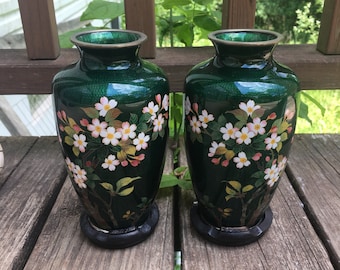 ヴィンテージ安藤七宝七宝花瓶：緑釉牡丹模様 - Etsy 日本