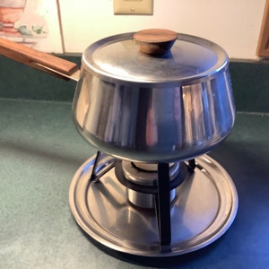 Vintage Mid Century Stainless Steel Fondue Pot and Stand, Denmark-made Fondue Pot