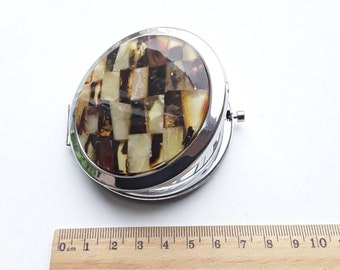 Petit miroir décoratif, Miroir rond en métal avec mosaïque ambre de la Baltique, Miroir compact pour sac à main de poche, Miroir de voyage double face avec pierre précieuse