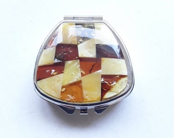 Travel pill box, Metal  tablet box decorated with Baltic amber, Compact medicine case, Pill holder for purse, Pocket tablet container