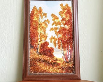 Baltic Amber Fall Landscape Painting: Gold Leaf Autumn Wall Art (21.25x13.77 inch)
