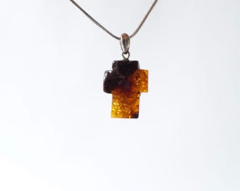 Baltic Amber cross pendant with chain, Jesus cross pendant,  Everyday gemstone pendant, Dark unisex religious cross pendant, Baptism jewelry