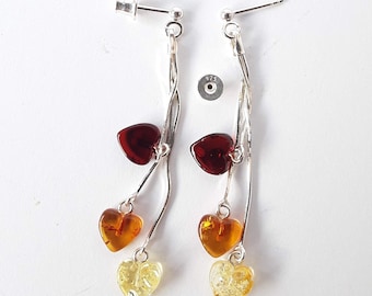 Amber and 925 Silver dangle stud earrings, Gemstone Baltic amber heart long earrings Sterling silver hanging delicate gem hearts earrings