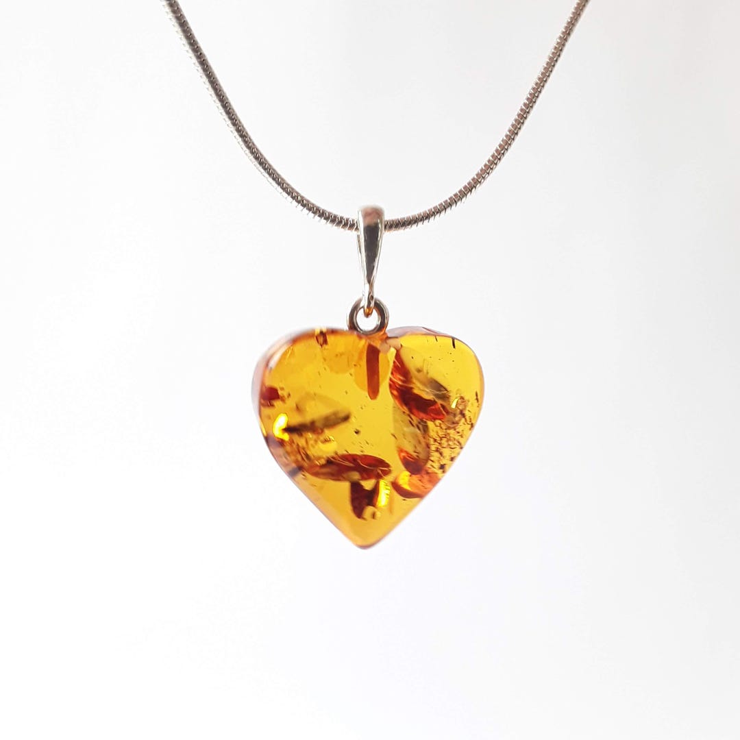 Pendentif Cœur En Ambre Baltique Argent 925 - Bijou Naturel Avec Nœud Argenté - Collier Élégant