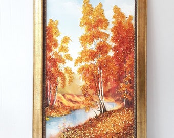 Gold Leaf Fall Landscape Painting: Baltic Amber Autumn Wall Art