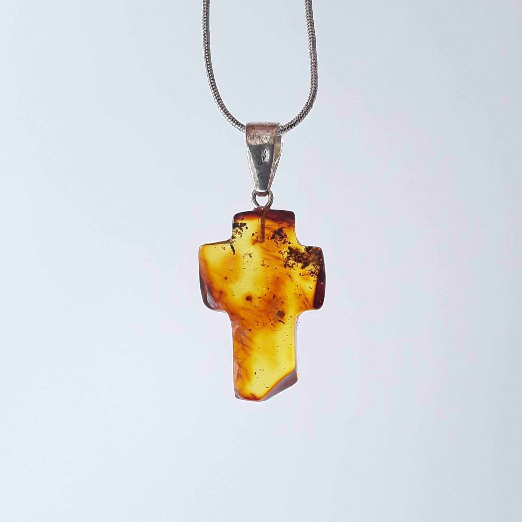 Baltic Amber Cross Pendant: 925 Sterling Silver, Honey Brown Gemstone