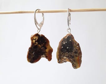 Baltic amber dangle  earrings, Raw gemstone hanging earrings Amber stone earrings for pierced ears Cute delicate dark earrings women jewelry