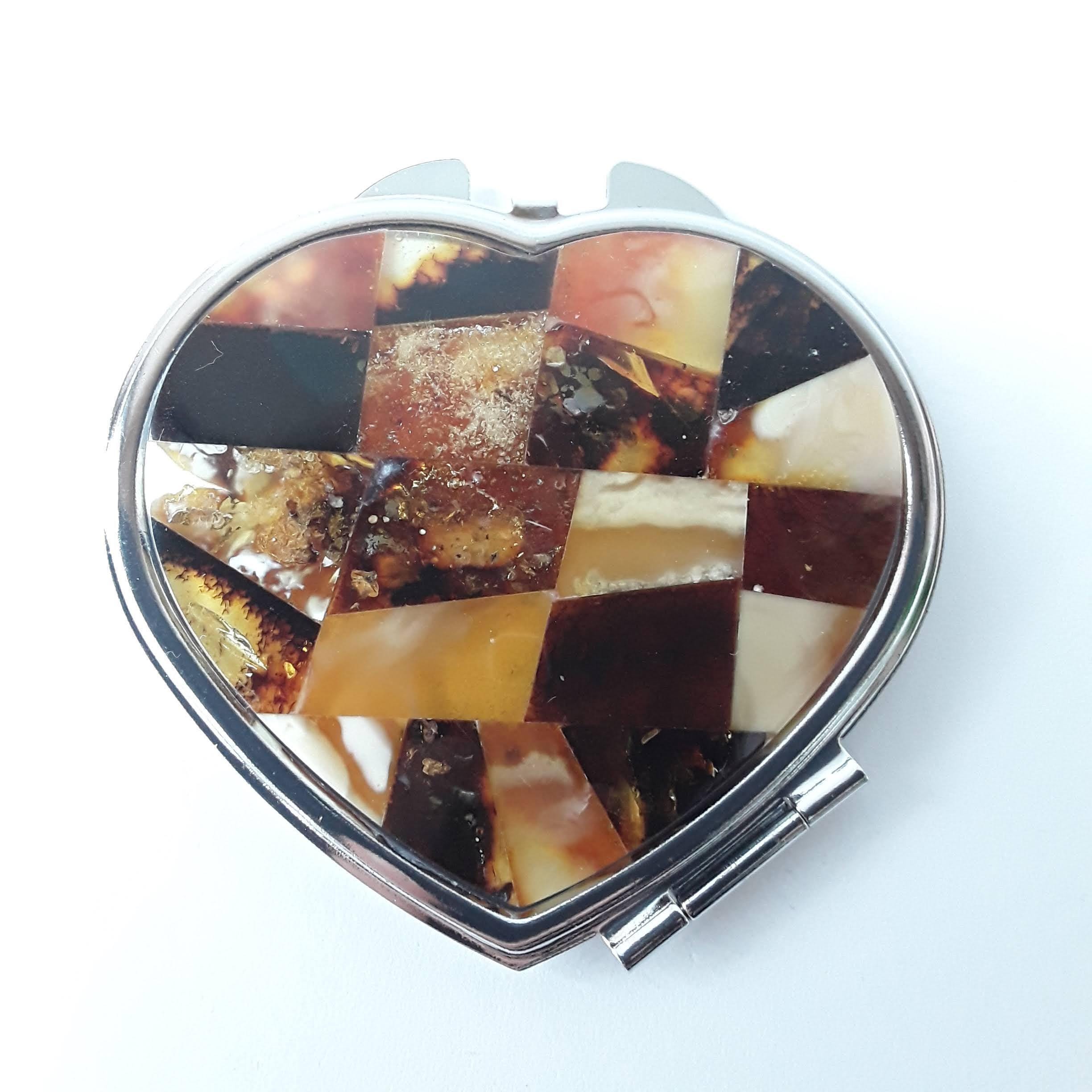Pocket mirror with amber mosaic Compact Heart shape metal mirror Double sided mirror Small travel makeup mirror Unique gift gemstone mirror