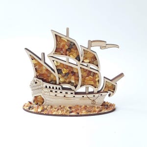 Wooden sailboat figurine, Amber sailing ship, Nautical mini figurine, Marine ship decoration, Beach themed wooden sculpture, Sailing gift