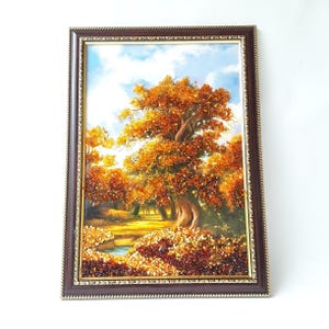 Oak tree painting with amber, Framed autumn landscape painting, Fall oak tree picture, Baltic amber gemstone wall art, Vertical brown frame.