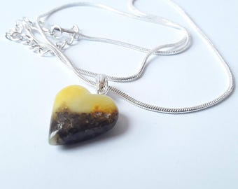 Baltic amber heart pendant, Gemstone unique heart on chain, White black amber stone romantic heart shaped jewelry, I love you pendant gift