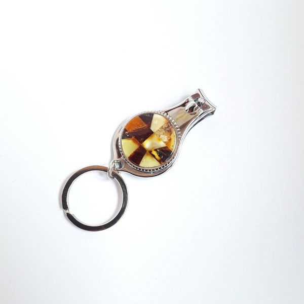 Travel Keychain Bottle Opener Nail Clippers decorated with Baltic amber mosaic, Useful metal keychain Small backpack keychain with gem amber