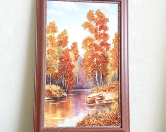 Baltic Amber Fall Landscape Painting: Framed Gold Leaf Wall Art