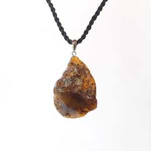 Raw Baltic Amber Pendant: Large Brown Gemstone on Black Chain