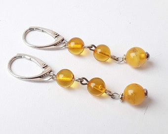 Dangle amber and 925 silver earrings, Baltic amber long earrings for pierced ears, Gemstone amber sterling silver hanging  earrings jewelry