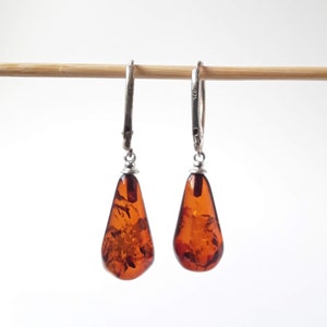 Dangle amber 925 silver earrings, Baltic amber drop earrings for women, Classic brown cognac gemstone sterling silver lever back earrings