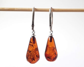 Baltic Amber Drop Earrings: Cognac Gemstone, Sterling Silver Lever Back