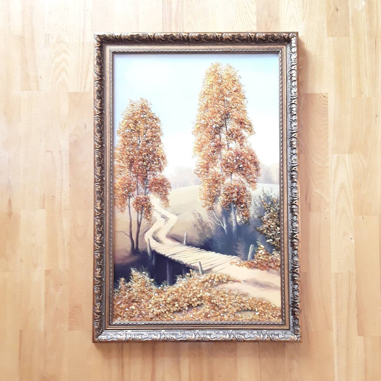琥珀色の秋の風景画：ブロンズフレーム、バルト海の宝石アート - Etsy 日本