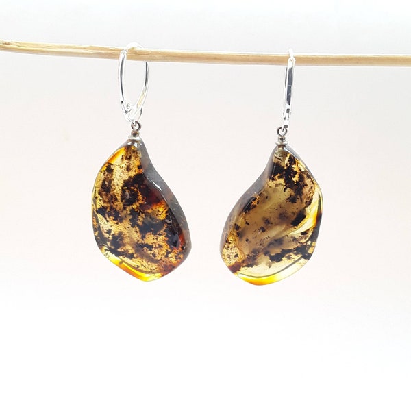 Dangle amber and 925 silver earrings, gemstone Baltic amber  hanging earrings, delicate 925 silver and dark amber earrings for pierced ears.