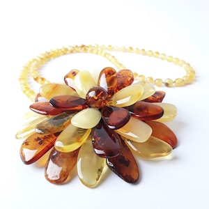 Flower amber pendant, Baltic amber stone handcrafted pendant, Large gemstone amber floral jewelry, Multicolor flower pendant women&#39;s jewelry
