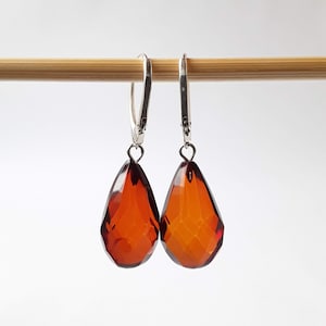 Dangle amber 925 silver earrings, Baltic amber teardrop earrings for women, Classic brown cognac gemstone sterling silver leverback earrings