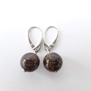 Sterling Silver Baltic Amber Sphere Earrings: Dark Gemstone Jewelry