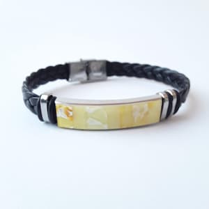 Bracelet en cuir noir et ambre de la Baltique, bracelet élégant en pierres précieuses jaunes