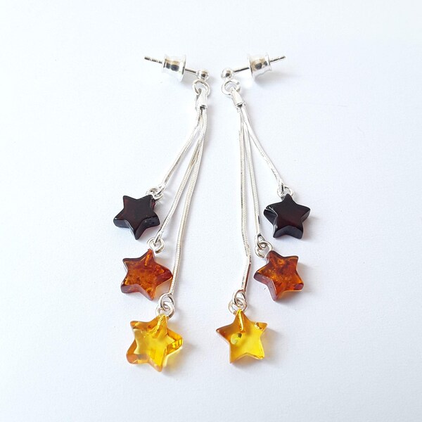 Amber star and 925 silver dangle stud earrings, Baltic amber gemstone brown yellow earrings, Delicate hanging gem and sterling silver studs