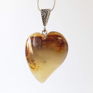 Baltic amber heart pendant, Large gemstone pendant, Yellow amber stone romantic pendant, Cute amber heart jewelry Sentimental gift for women