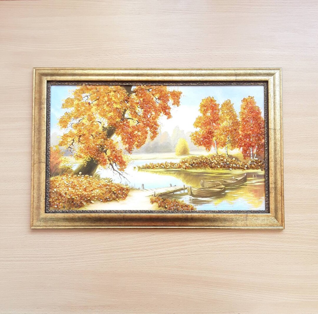 Baltic Amber Fall Landscape Painting: Gold Leaf Birch Tree Art - Etsy