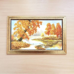 Realistic fall landscape painting  in a bronze color frame, Gold leaf painting with amber, Countryside birch trees painting, Amber wall art.