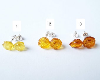 Amber rose 925 silver stud earrings, Yellow gemstone floral earrings, Honey amber stone everyday earrings, Sterling silver jewelry gift mom