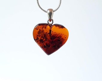 Baltic amber heart pendant, Small brown gemstone heart shaped jewelry, Unisex romantic I love you pendant Sentimental gift for my girlfriend