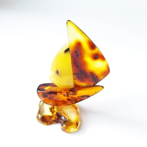 Baltic Amber Sailboat Figurine: Gemstone Small Ship Sculpture