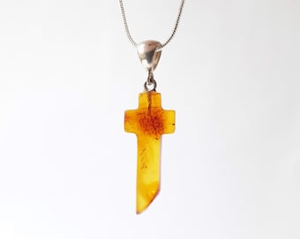Colgante de cruz de ámbar báltico: abalorio de plata de ley 925, joyería religiosa
