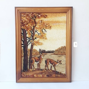 Baltic Amber Painting: Autumn Deer Seascape, Framed Wall Art