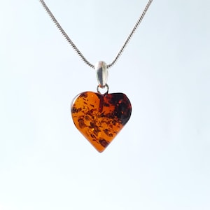 Baltic Amber Heart Pendant: Cognac Gemstone, Silver Chain