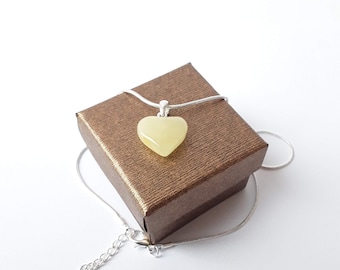 Baltic amber heart pendant, Gemstone amber cute heart unisex pendant, White gem sentimental gift her Yellow amber stone heart shaped jewelry