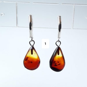 Dangle Baltic amber teardrop earrings, Gemstone amber brown hanging earrings, Delicate leverback earrings, Cognac amber gem everyday earring