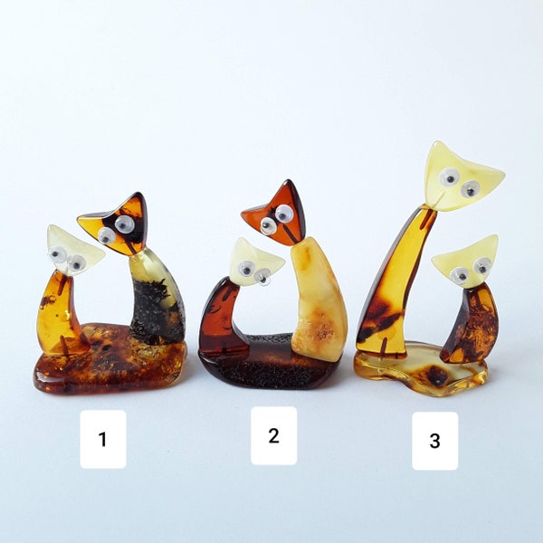 Figurine drôle de couple de chats, sculpture de chat ambre de la Baltique, figurine de chat miniature, figurine ambre de pierres précieuses, cadeau de collectionneur de chat, cadeau commémoratif de chat