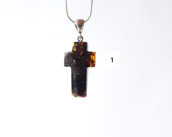 Colgante de cruz de ámbar báltico negro: abalorio de plata de ley, joyería cristiana