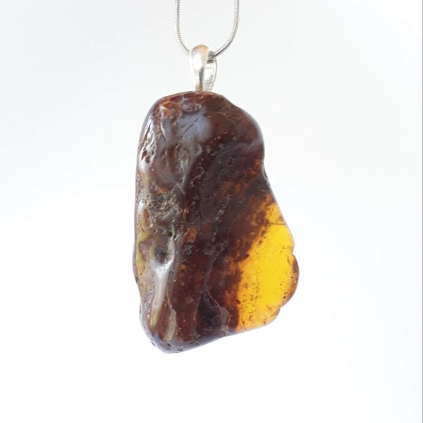 Raw Baltic amber pendant, Dark gemstone amber pendant, Brown stone pendant, Large cognac amber pendant, Unisex gem Baltic amber jewelry gift
