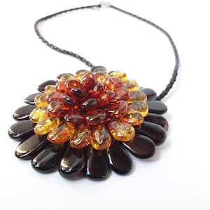 Flower amber pendant, Baltic amber stone handcrafted pendant, Large gemstone amber floral jewelry, Multicolor pendant flower women, grandma.